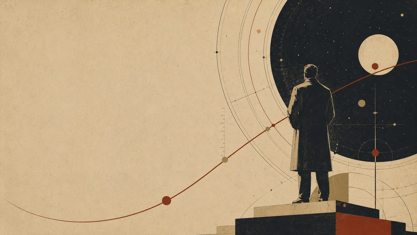 Constructivist illustration of a monumental human figure against orbital diagrams, representing AI-guided research into human biology.